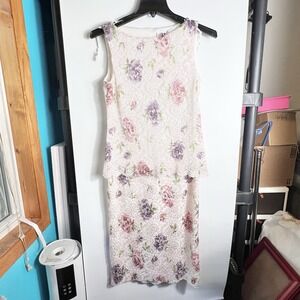 Vtg J.B.S. LTD Floral Lace Overlay Dress Women Sz 8 Sleeveless Pastel Roses READ